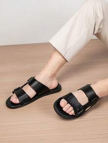 Men's Beach Vacation Cross Strap Adjustable Slides, Retro Wide Face Design, Comfortable Fashionable Personalized Indoor/Outdoor Dual-Use Slip-On Slippers - Black - View 10