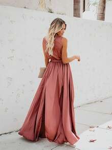 Women's Elegant Bohemian Maxi Dress, Plain V-Neck Sleeveless High Slit Full Panel Skirt - 粉色 - 查看 2