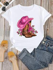 Western Cowboy Print T-Shirt [Printed Pants - Not Denim Fabric], Gift For Western Cowboy Enthusiasts, T-Shirt For Western Cowboy Lovers, Long Rose Boots - [白色的] - 查看 2