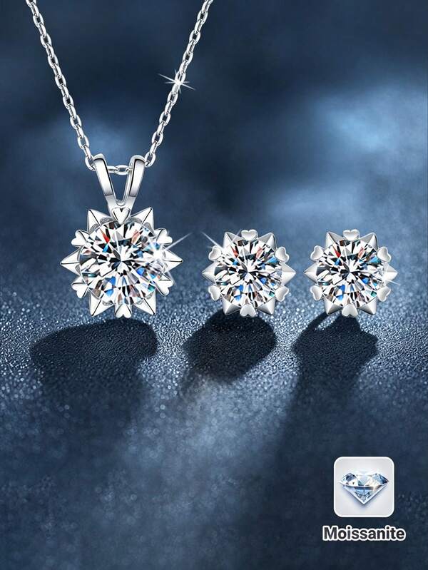 Bộ trang sức bạc 925 3 món: 1 dây chuyền 6.5mm, 2 bông tai đính đá Moissanite hình bông tuyết 5.0mm, thích hợp cho nữ giới đeo hàng ngày, dự tiệc, kỷ niệm ngày cưới, làm quà tặng trang sức.