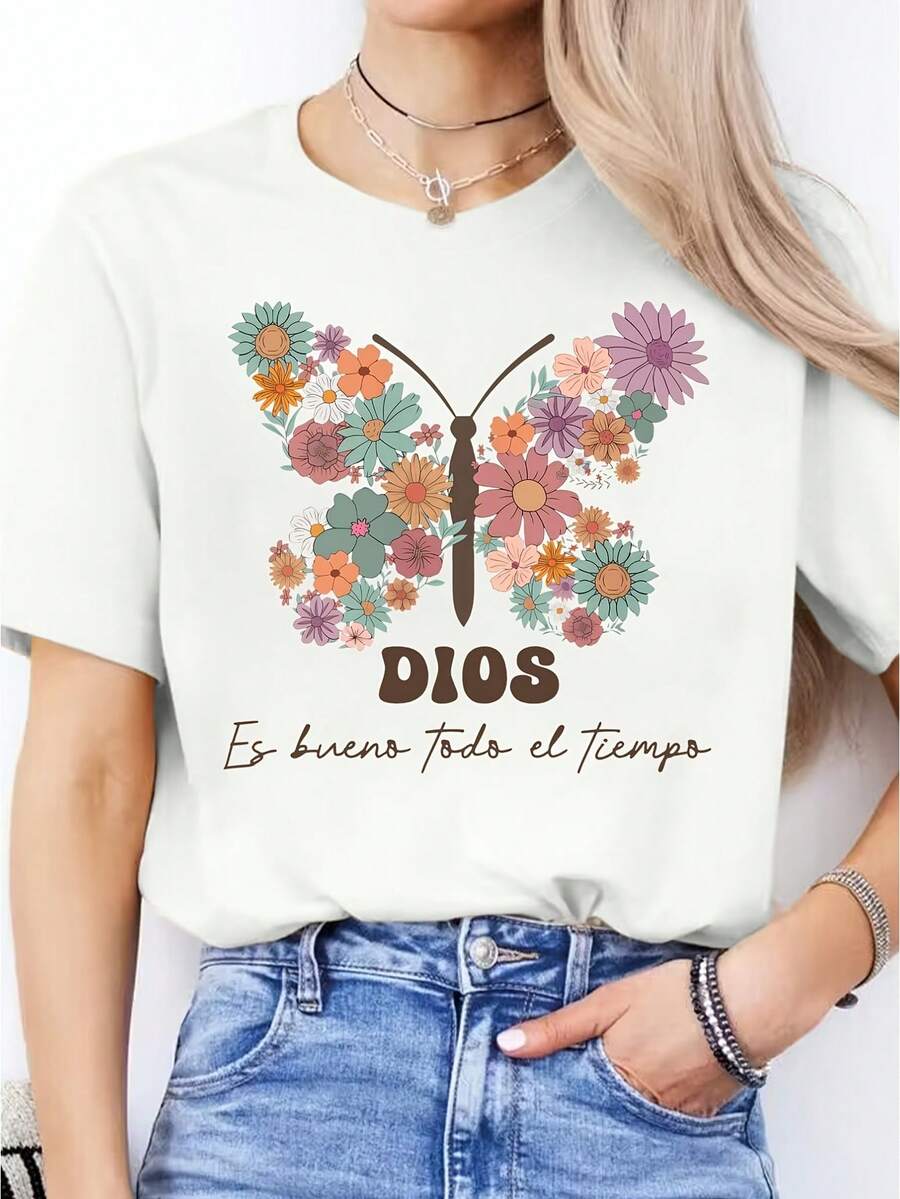 Modern And Minimalist Clothing Of Excellent Quality On  - Women's Casual Sport Style T-Shirt, Short Sleeve, Made Of Sweat-Absorbing Fabric, Combined With A Printed Design, Modern And Versatile For Sports, Casual Daily Wear And Various Occasions, Casual Women's Top For Everyday Wear. - 白色 - 查看 1