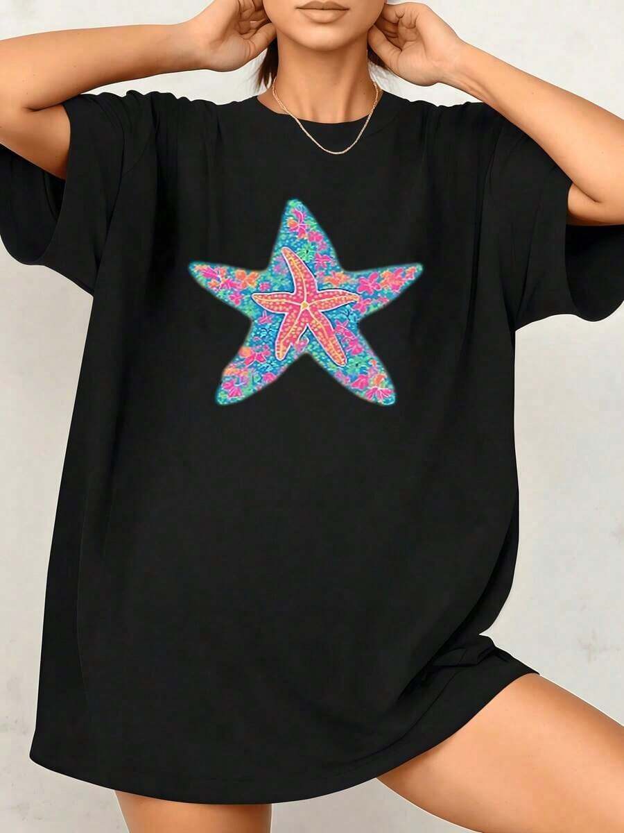 Starfish Women's Casual T-Shirt, 100% Cotton, For Summer Beach, 1 Piece, Loose Fit, Graphic Print, Casual Blouses For Ladies - 黑色 - 查看 1