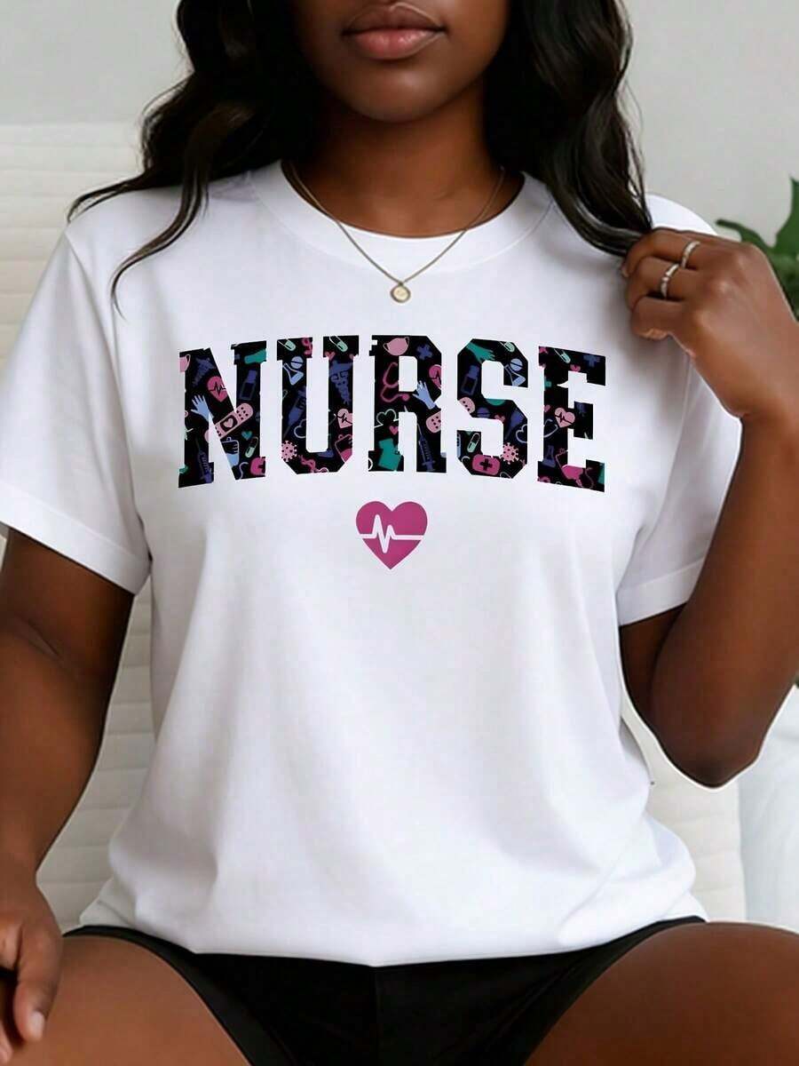 Women's Casual T-Shirt With A Floral And Heartbeat Design, Ideal For Everyday Wear And Work. A Seasonal Gift For Nurses And Healthcare Professionals, Celebrating International Nurses Day In May. A Perfect Gift For Nurses, Women's Clothing To Pay Tribute To The Most Beautiful Angels. Women's T-Shirts - 白色 - 查看 1