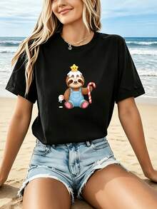 Women's Casual Sports T-Shirt With Cartoon Sloth Graphic - Black Elastic Crew Neck T-Shirt, Machine Washable, Comfortable Fit For All Seasons, For Animal Lovers And Casual Style. - 黑色 - 查看 1