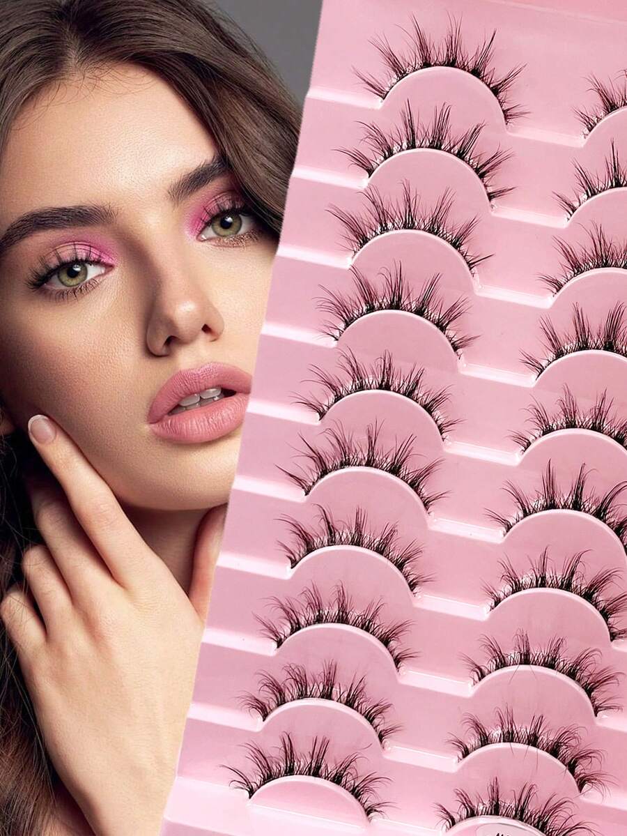 ENCHUW 10 Pairs Clear Band Faux Mink Lashes Volume Natural Long Fluffy Soft Wispy False Eyelashes Reusable Eyelashes Makeup - Black - View 1
