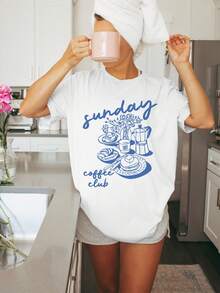 Camiseta Estampada para Mujer Sunday Coffee Club - Camiseta Casual de Manga Corta y Cuello Redondo, Corte Relajado para Todas las Estaciones, Perfecta para Uso Diario y Atuendos de Vacaciones (Lavable aáquina) - para Combinar con Pantalones Cortos Grises y Taza Rosa. - Blanco - Ver 7