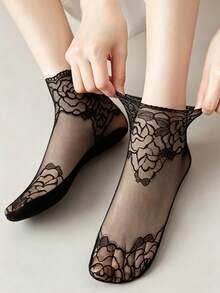 1 Pair Women's Black Rose Lace Short Socks, Transparent Mesh, High Elasticity, Sweet Style, Daily Casual Wear - Multicolor - View 3