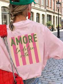Short-Sleeved T-Shirt With Round Neck, AMORE Vertical Stripe Print, Casual Style, Loose And Versatile, For Women, Ideal For Daily Use And Holidays, White Color. - 粉色 - 查看 6