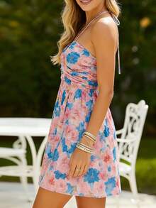 Women's Floral Halter Neck Mini Dress Ruched Backless A-Line Maternity Party Dress With Adjustable Self-Tie - 藍色 - 查看 5