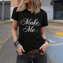 Women's Oversized T-Shirt With Retro Graphic Print, 'Make Me' Typography Design, Casual Everyday Top, Loose Fit, Machine Washable, Stylish Women's Top | Pure Cotton Casual Everyday Top - 黑色 - 查看 1