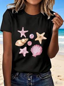Beach Shell Starfish Print T Shirt With Fashion Design Cute Seashell Pattern Summer Casual Wear Perfect Gift For Beach Outing And Vacation - Negro - Ver 1