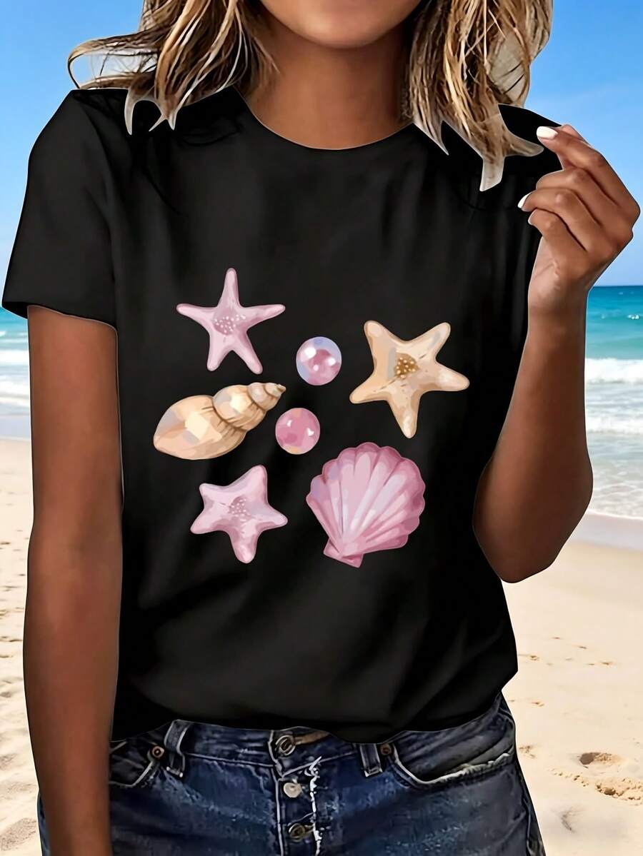 Beach Shell Starfish Print T Shirt With Fashion Design Cute Seashell Pattern Summer Casual Wear Perfect Gift For Beach Outing And Vacation - Negro - Ver 1