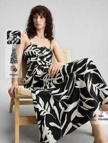 Ontre Vestido ajustado de mujer con estampado floral minimalista en blanco y negro, de tela suave y cómoda, con tirantes finos, falda acampanada, bolsillos laterales, diseño sin espalda, estilo bohemio chic, adecuado para la playa, festivales de música, uso casual, elegante, de lujo, para cruceros, oficina, ir y venir, para todas las estaciones - Negro - Ver 3