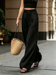 Women's High-Waisted, Loose-Fitting, Solid-Color Wide-Leg Pants, A Stylish And Fashionable Outfit Suitable For Spring, Summer, Autumn, And Winter. Appropriate For Vacations, Work, And Everyday Wear, These Pants Showcase A Graceful Elegance And Are Suitable For Parties, The Beach, Romantic Dates, Casual And Elegant Work Attire, And Versatile For Daily Use. - 黑色 - 查看 3