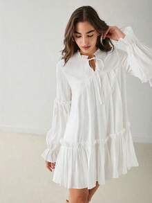 Romantic Black Ruffled Casual Dress With A Sweetheart Neckline, Perfect For Spring/Winter. A Sweet And Elegant Outfit For Valentine's Day, Christmas Parties, New Year's, Birthdays, Holidays, Dates, And Everyday Wear. - 白色 - 查看 8