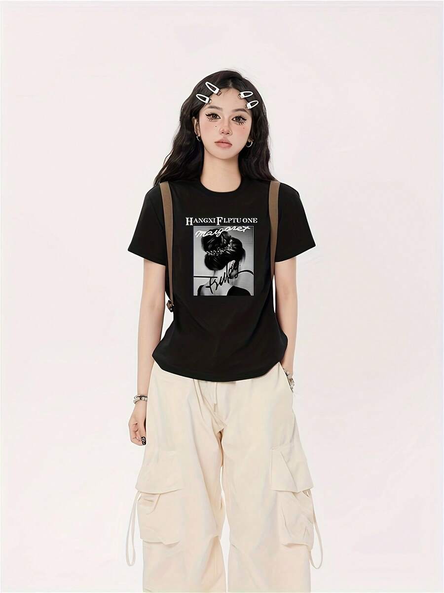 Women's Clothing | T-Shirt | Women's Summer Short Sleeve T-Shirt, Fashion Outerwear, Student Top, Slim Fit, Viral Outfit, Versatile Clothing With Back Print For Women. - 黑色 - 查看 1