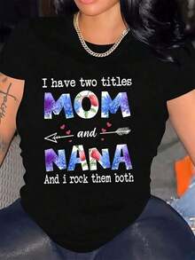1 camiseta negra con estampado floral de mamá/nana para el Día de la Madre, cuello redondo, camiseta casual de algodón, tejido de punto de elasticidad media, corte regular para mujeres, ideal para primavera/verano/otoño, Día de la Madre, Día de los Caídos, Juneteenth, Día del Trabajo. - Negro - Ver 1
