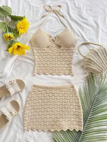 Set de 2 piezas compuesto por top corto con tiras finas y recorte en forma de estrella de mar metálico, espalda descubierta, y falda de talle bajo para vacaciones, festivales de música, vacaciones, estilo bohemio - Albaricoque - Ver 3