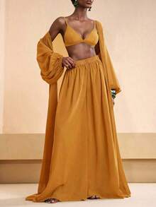 Conjunto de kimono y pantalones palazzo elegantes y casuales para la playa, 2026 - Amarillo - Ver 2