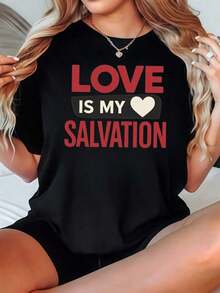 Women's 2026 Short Sleeve Black Shirt With 'Love Is My Salvation' Print, Casual Clothing, Casual Blouses For Women - 黑色 - 查看 3