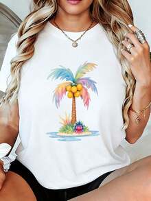 Camiseta de Mujer con Estampado de Palmeras Tropicales, Hojas de Arcoíris, Isla de Cocoteros y Flores de Hibisco - Camiseta de Manga Corta, Holgada, Casual, Transpirable para Verano, con Cuello Redondo Suave y Estampado de Playa Brillante, Regalo Perfecto para Familiares y Amigas. Camisetas para Mujer - Negro - Ver 7