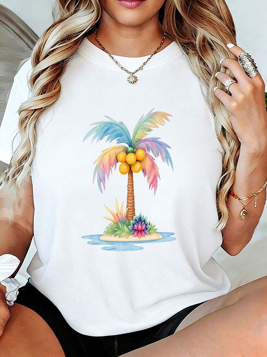 Women's T-Shirt With Tropical Palm Tree Print, Rainbow Leaves, Coconut Island, And Hibiscus Flowers - Short-Sleeve, Loose-Fit, Casual, Breathable Summer T-Shirt With Soft Crew Neck And Bright Beach Print, Perfect Gift For Family And Friends. Women's T-Shirts - 白色 - 查看 1
