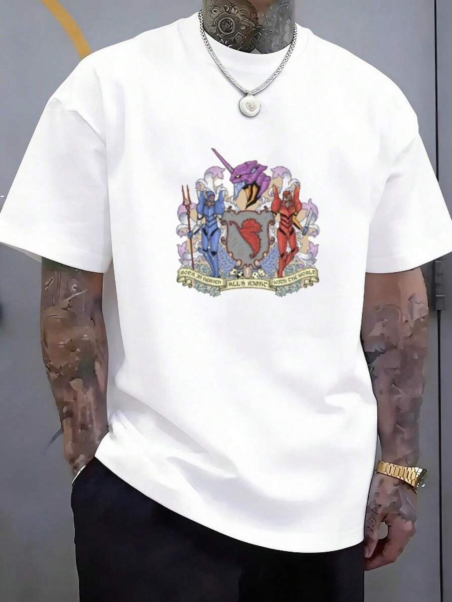 Men's T-Shirt With Skull Print, Featuring Robot, Unicorn, Shield, Trident, Sword, Skulls, Feathers And Lettering Designs, Short Sleeve, Round Neck, Loose Fit, Casual Style For Men, Casual Sportswear For Men, New And Breathable Design, Ideal For 2026 And Video Games, Embroidered Quick-Drying Garment. - 白色 - 查看 1