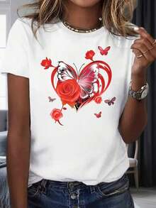 Camiseta de Algodón con Estampado de Mariposa, Corazón y Rosa Estilo Bohemio para Mujer, Manga Corta Casual, Moda de Verano, Regalo para el Día de San Valentín - Negro - Ver 6
