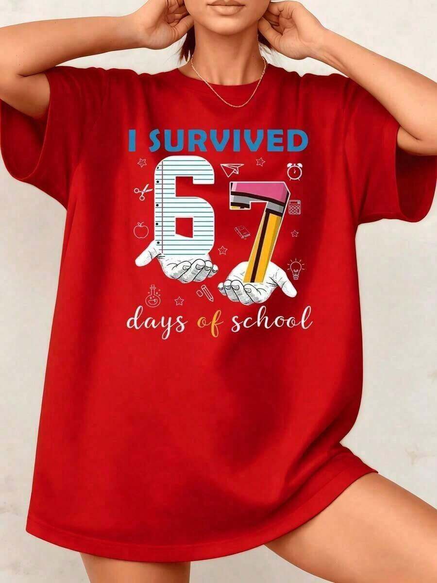 Playera minimalista moderna 1 pieza Camiseta divertida para profesoras con estampado gráfico retro vintage "Sobreviví 67 días de escuela" 100% algodón Cuello redondo Camisetas gráficas para mujer - Rojo - Ver 1