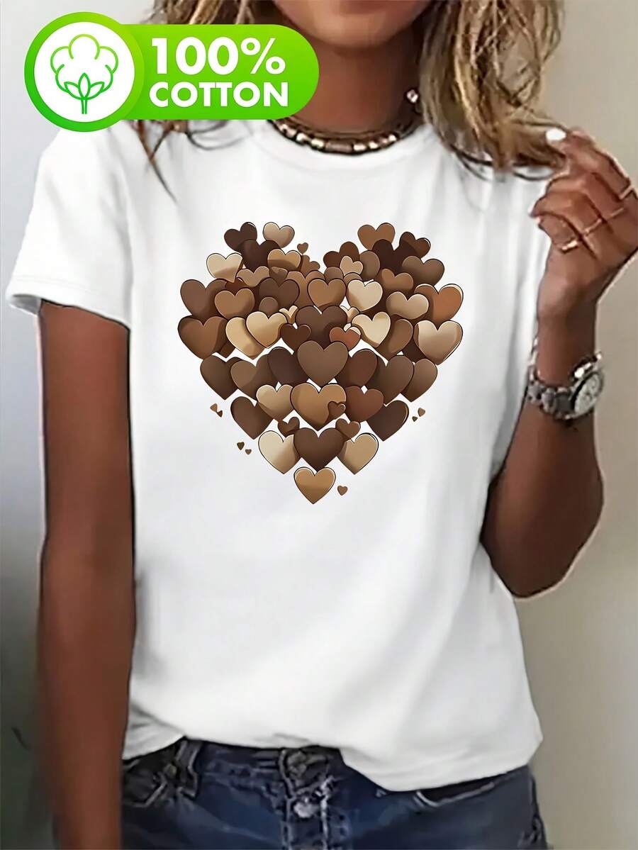 Talla Grande, Corazones en Tonos de Marrón y Beige, Blusa Casual de Manga Corta y Cuello Redondo Estampada para Mujer