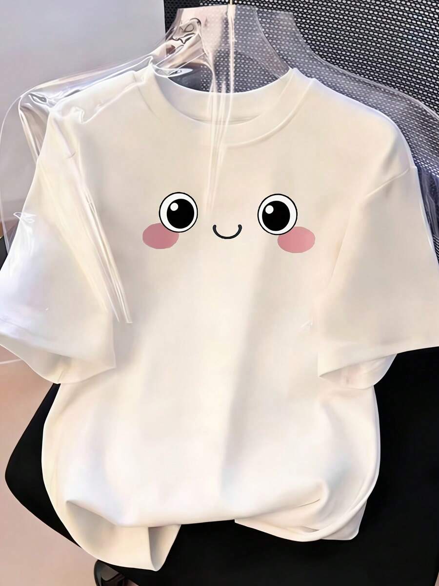 Camiseta de manga corta de verano para niñas con estampado de cara feliz de ojos grandes, tela suave, cómoda y agradable para la piel, adecuada para deportes al aire libre y vacaciones. - Blanco - Ver 1