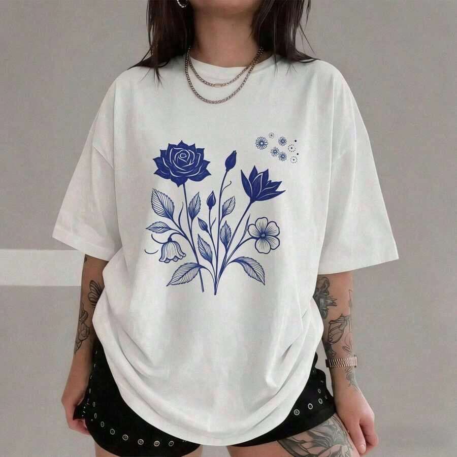 1 Piece - White Cotton T-Shirt With Floral Print, Round Neck, Short Sleeve, Summer Casual Wear, 180g, 100% Cotton. - 白色 - 查看 1