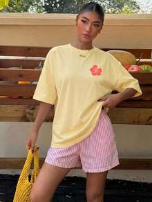 Camiseta Holgada Casual de Playa para Mujer  con Estampado de Rayas de Langosta y Letras, Camiseta de Playa de Verano, Colores Pastel, Adecuada para Vacaciones, Viajes de Graduación, Fiestas en la Playa, Festivales de Música - Amarillo claro 2 - Ver 4