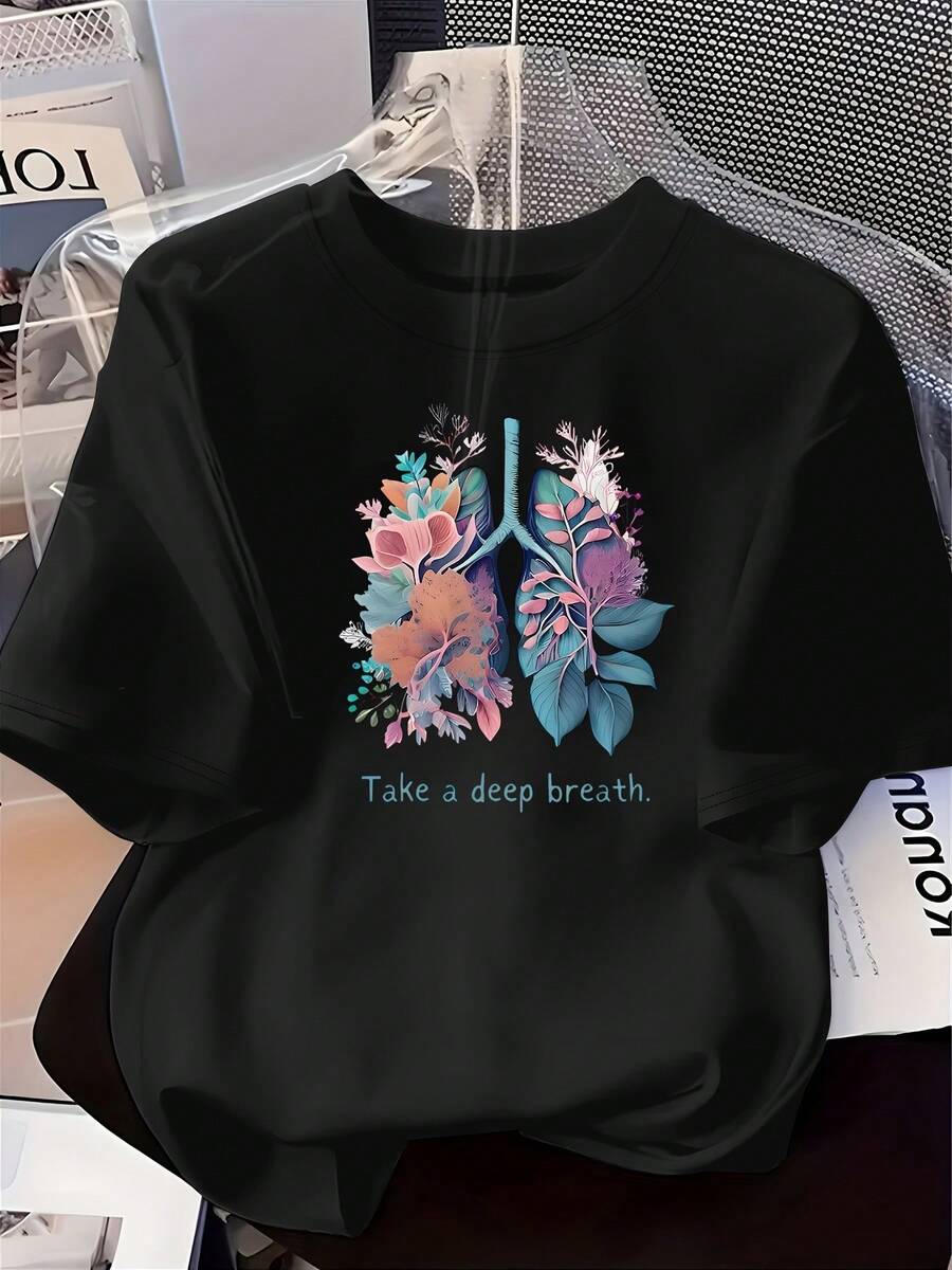 Limited Time Offer, Limited Quantities, Flash ! Women's Casual Shirts, Women's Polyester T-Shirts, Elegant Shirts. Women's Short-Sleeve Crew Neck T-Shirt - 100% Polyester Machine-Washable Summer Blouse With Vibrant Floral And Lung Print, Casual Straight-Line Fit Suitable For Travel, Everyday Wear, And Outfits - Short-Sleeve Crew Neck T-Shirt For Warm-Weather Wardrobes - 黑色 - 查看 1