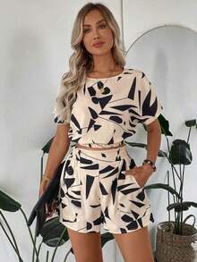 Camisa de mujer con hombros caídos, cintura ceñida y dobladillo, y shorts de mujer decorados con bolsillo, estampado floral, conjunto elegante casual de vacaciones - Multicolor 3 - Ver 6