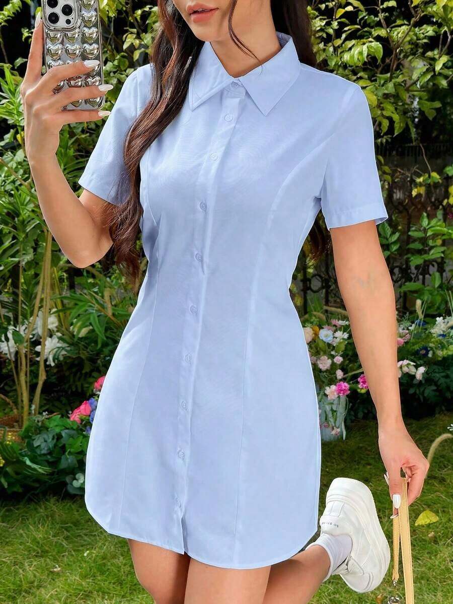 Vestido casual de manga corta con botones delanteros de unicolor - Celeste - Ver 1