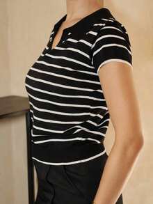 de manga corta con cuello y rayas para mujer - Blanco y Negro - Ver 8