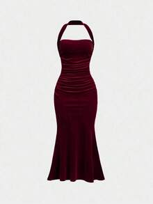 Vestido con cuello de halter y bajo de cola de sirena para mujer, vestido elegante sin espalda con pliegues sin mangas y ajuste ceñido color rosa intenso liso para fiestas y salidas nocturnas, vestido largo de mujer para primavera/verano - Rosa Fucsia - Ver 1