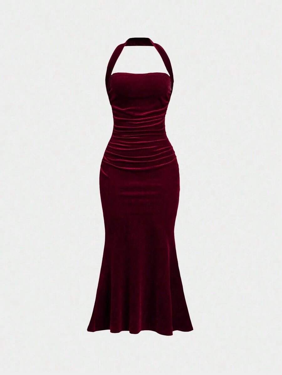 Vestido con cuello de halter y bajo de cola de sirena para mujer, vestido elegante sin espalda con pliegues sin mangas y ajuste ceñido color rosa intenso liso para fiestas y salidas nocturnas, vestido largo de mujer para primavera/verano - Rosa Fucsia - Ver 1