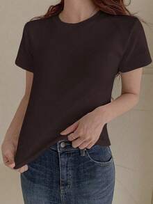 Camiseta de manga corta de cuello redondo de unicolor para verano - Marrón 2 - Ver 3