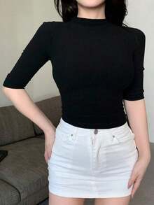 Camiseta básica de manga corta negra de ajuste ceñido para mujer, adecuada para primavera, verano, Día de San Valentín y uso en la oficina - Negro 2 - Ver 5
