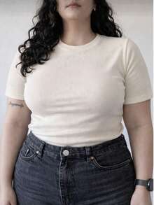 Basic T-Shirt With Round Neck, Short Sleeves, Ribbed Knit, Premium Style, Casual Everyday Wear, Comfortable, Plus Size 012 - Pearl White - View 2