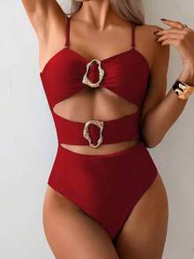 Nuevo traje de baño de una pieza elegante y sexy con diseño calado en negro, de moda para la playa, vacaciones, fiestas y citas - Rojo - Ver 3