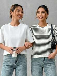 Camiseta básica minimalista de mujer de algodón suave, con parte delantera corta y parte trasera larga, estilo elegante adecuado para salidas, combinaciones, viajes, vacaciones, playa, fiestas, cumpleaños, festivales de música - Multicolor - Ver 10