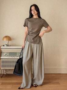 Camiseta de mujer con cuello polo de ajuste ceñido, estilo casual y holgado, ideal para primavera y verano, y para el Día de San Valentín - Caqui - Ver 5