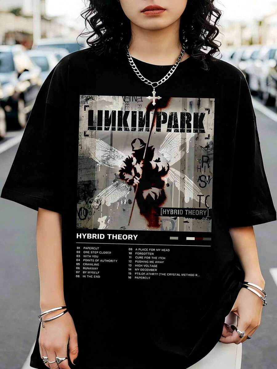 Oversized Black T-Shirt With Linkin Sport And Park Sport's Hybrid Theory Album Tracklist, Vintage 2000s Style - Black - View 1