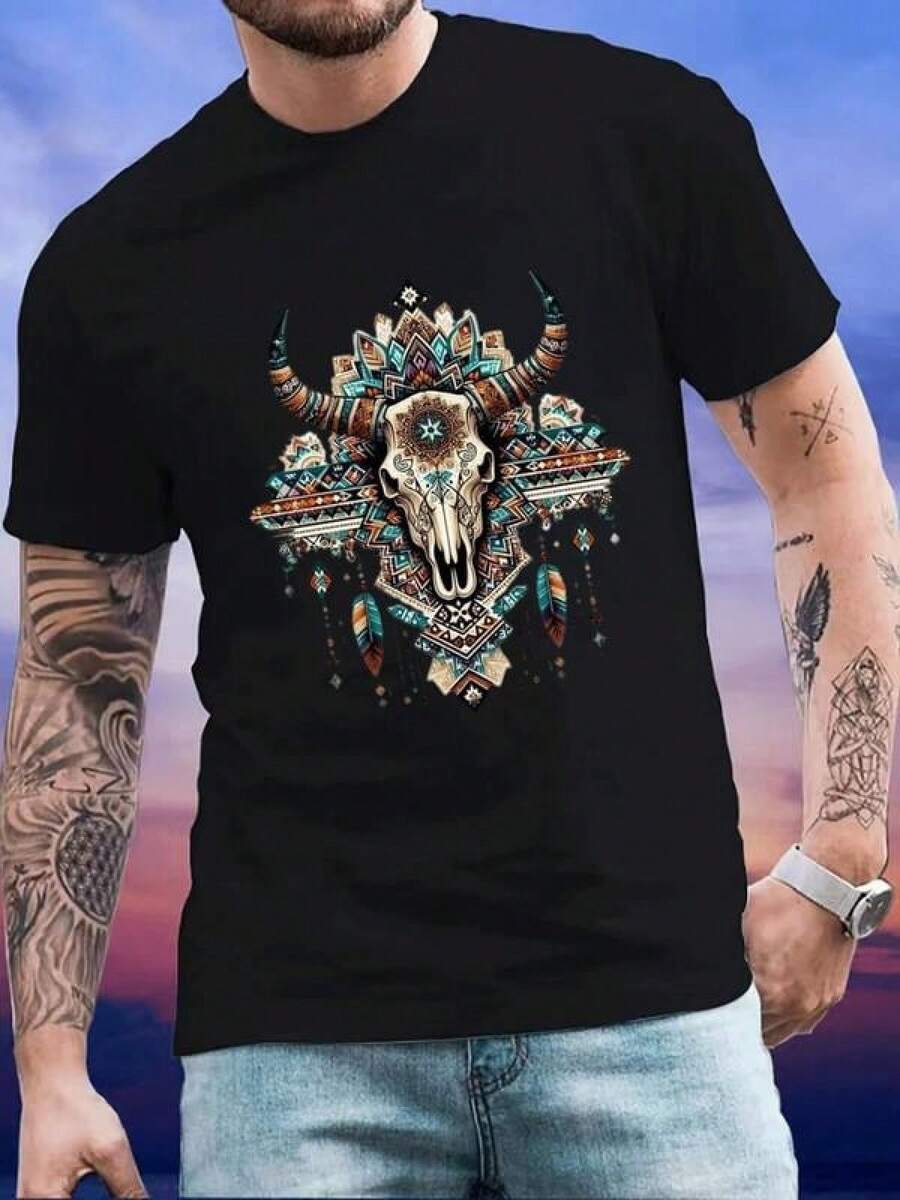 Camiseta de Hombre con Diseño de Cráneo de Toro y Plumas,Estilo Casual y Moderno Ideal para un Look Original y Lleno de Personalidad. - Negro - Ver 1