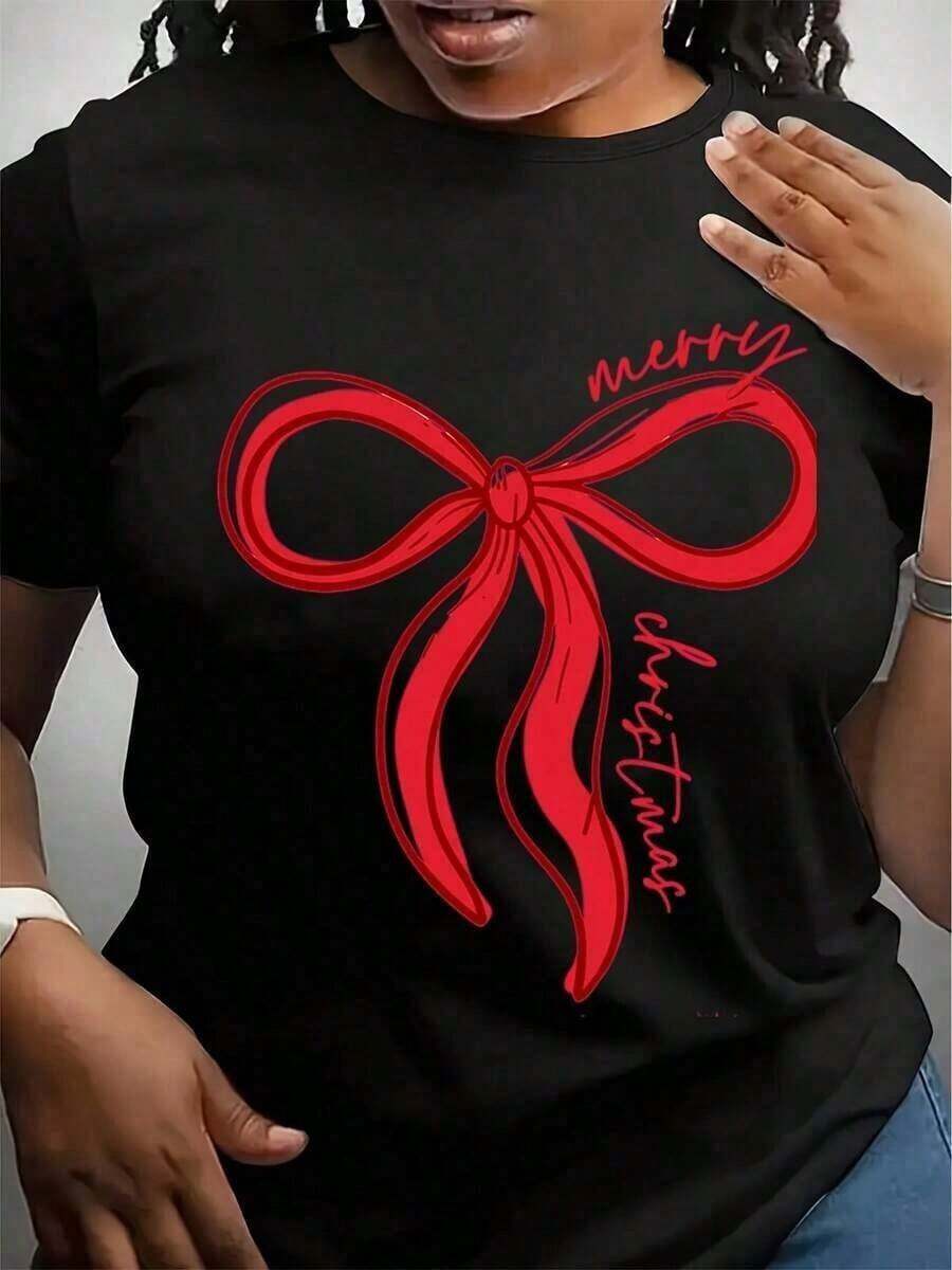Perfecta para el look diario. Camiseta con lazo de Feliz Navidad, Camiseta con lazo de estilo coqueta navideño, Camiseta navideña, Camiseta de Feliz Navidad, Camiseta navideña, Camisetas navideñas. Adecuada para salidas informales, viajes, playa, escuela, trabajo desde casa y actividades de fin de semana, cómoda y elegante para cualquier ocasión. - Negro - Ver 1