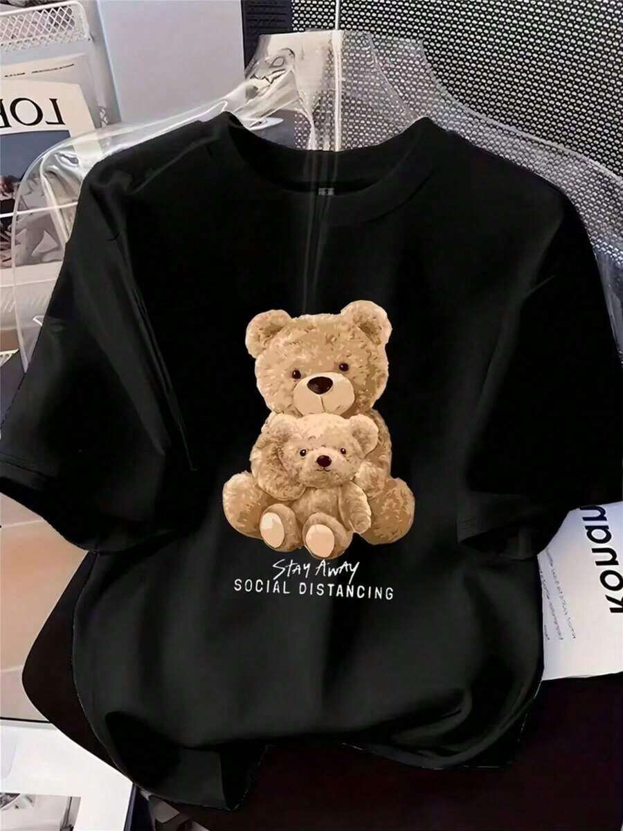 Camiseta femenina playera grafica mujer dama estampado osos de peluche ositos oso muñeco uso diario casual dia noche primavera verano material comodo suave cuello redondo manga corta - Negro - Ver 1
