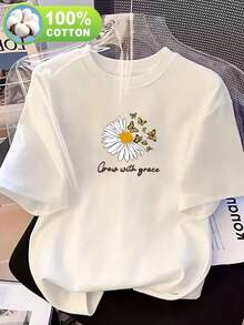 Women's Casual Short-Sleeved Crew Neck T-Shirt, Made From 100% Pure Cotton, Perfect For Spring And Summer. Ideal For Everyday Wear, With Graphic Designs And Lightweight Fabric. This Loose-Fitting T-Shirt - [白色的] - 查看 1